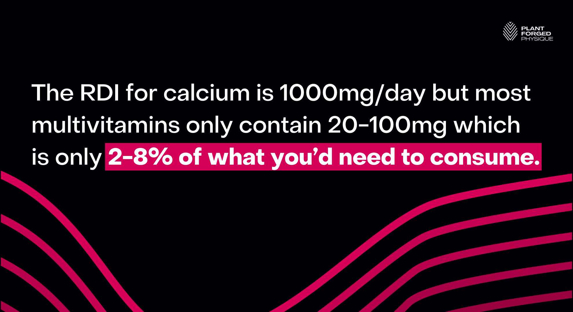 The RDI for calcium is 1000mg/day but most multivitamins only contain 20-100mg which is only 2-8% of what you'd need to consume.